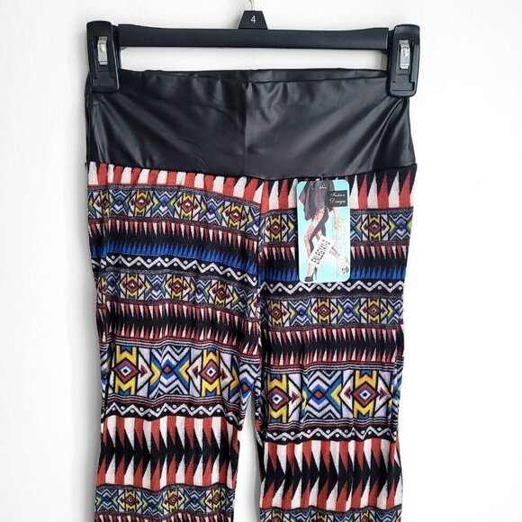 NWT Geometric Aztec Ethnic Boho Print Faux Leather Waist Multicolor Leggings - Picture 3 of 7